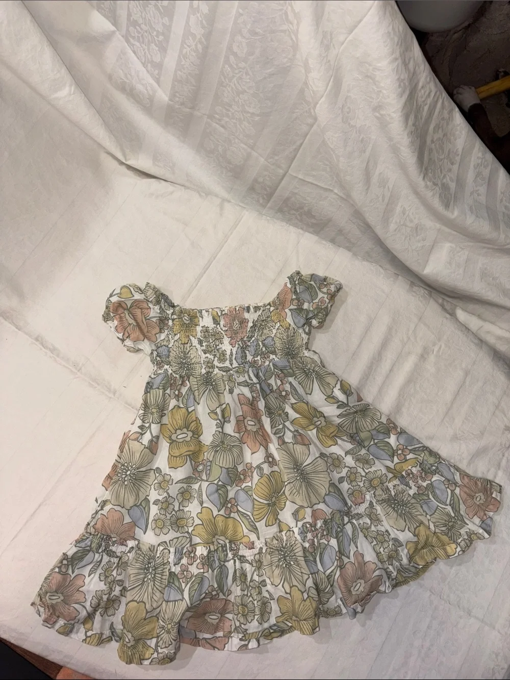 Sigrid Olsen White Floral Smocked Dress with Yellow, Pink & Blue Flowers